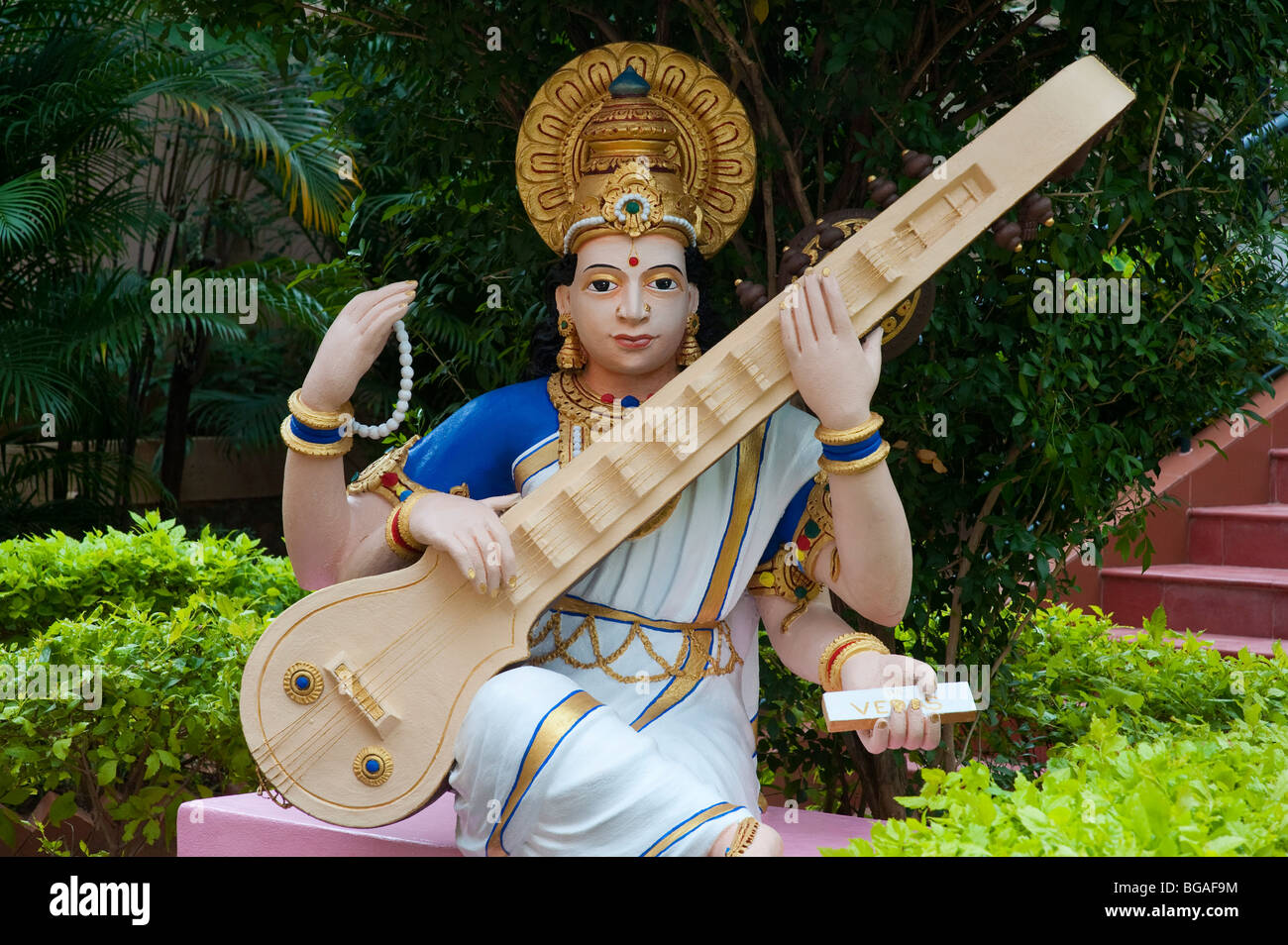 Indian Saraswati goddess statue. Puttaparthi, Andhra Pradesh, India Stock Photo