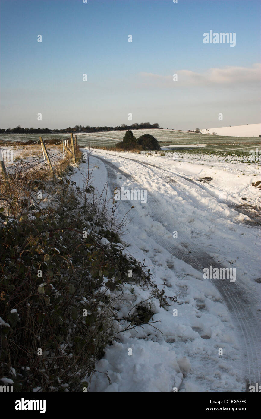 Snow comes to the South Downs National Park and the many farm tracks that traverse the downs. Stock Photo