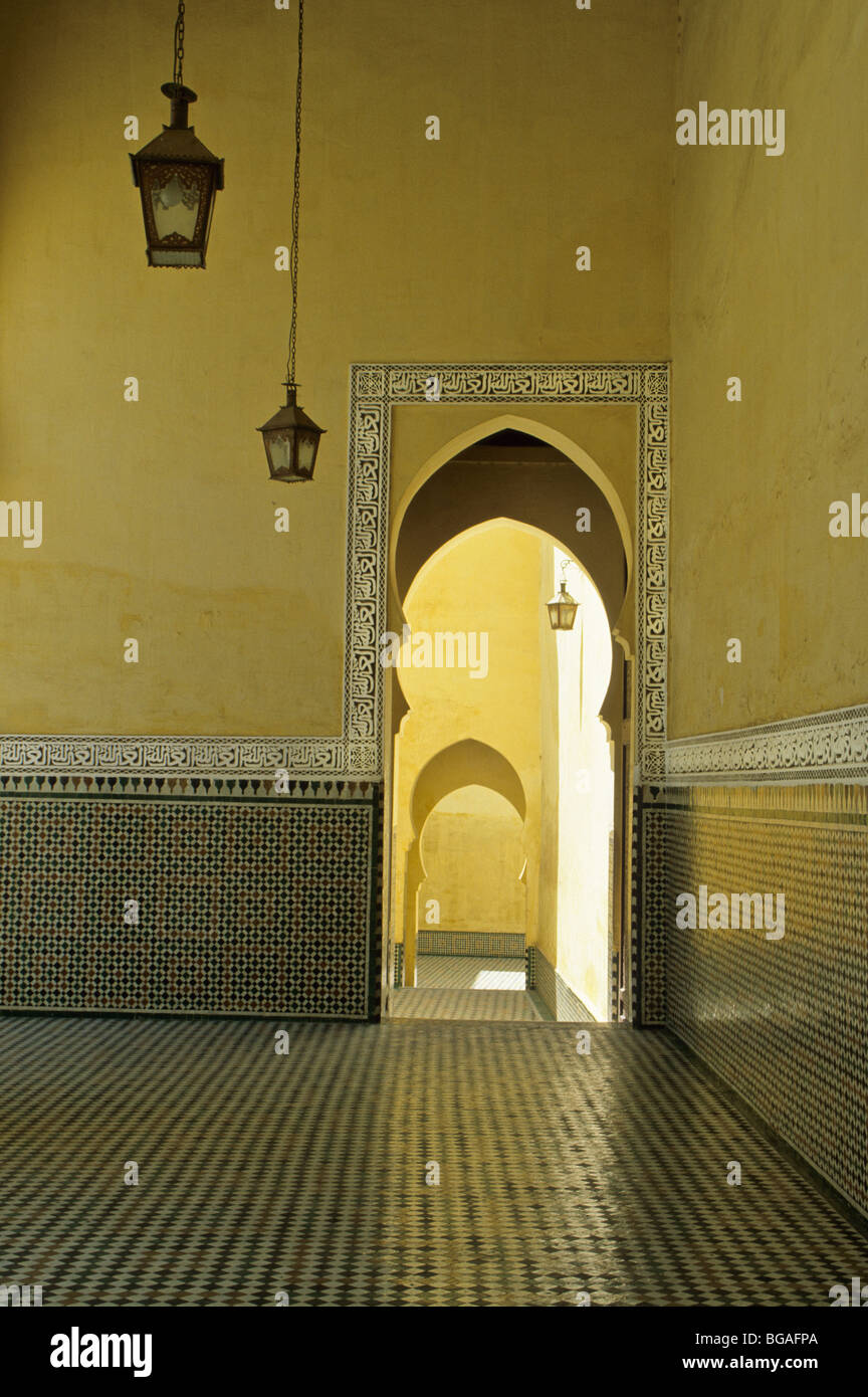Meknes, Morocco. Mausoleum of Moulay Ismail. Horseshoe Arch Doorway. Stock Photo