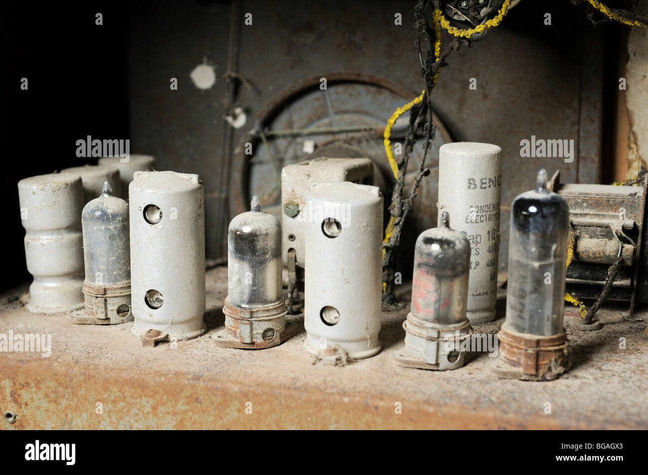 Interior of a radio receiver Vacuum tube and other parts can be seen Stock Photo