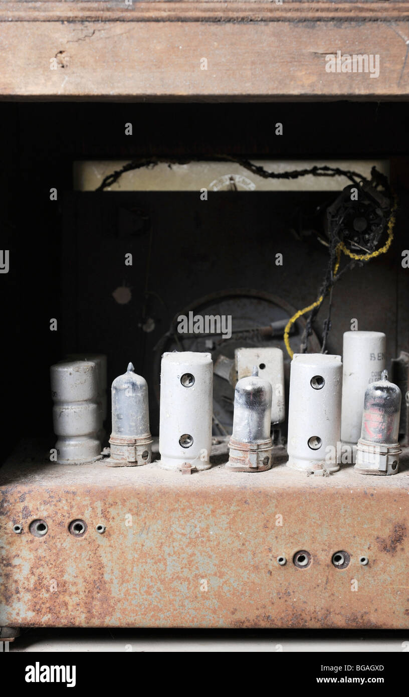 Interior of a radio receiver Vacuum tube and other parts can be seen Stock Photo