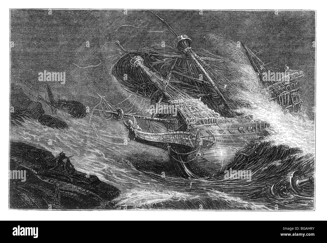 Illustration; A Spanish Galleon of the Spanish1588 Armada is Wrecked off the Irish Coast 1588 Stock Photo