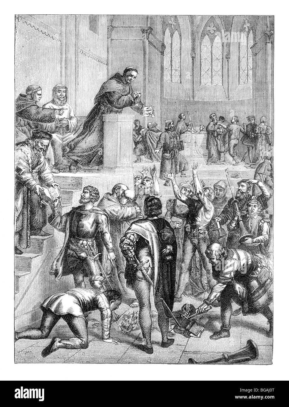 Illustration; Martin Luther, Protestant Reformer, Denouncing the Roman Catholic Ritual 1517 Wittenberg Stock Photo