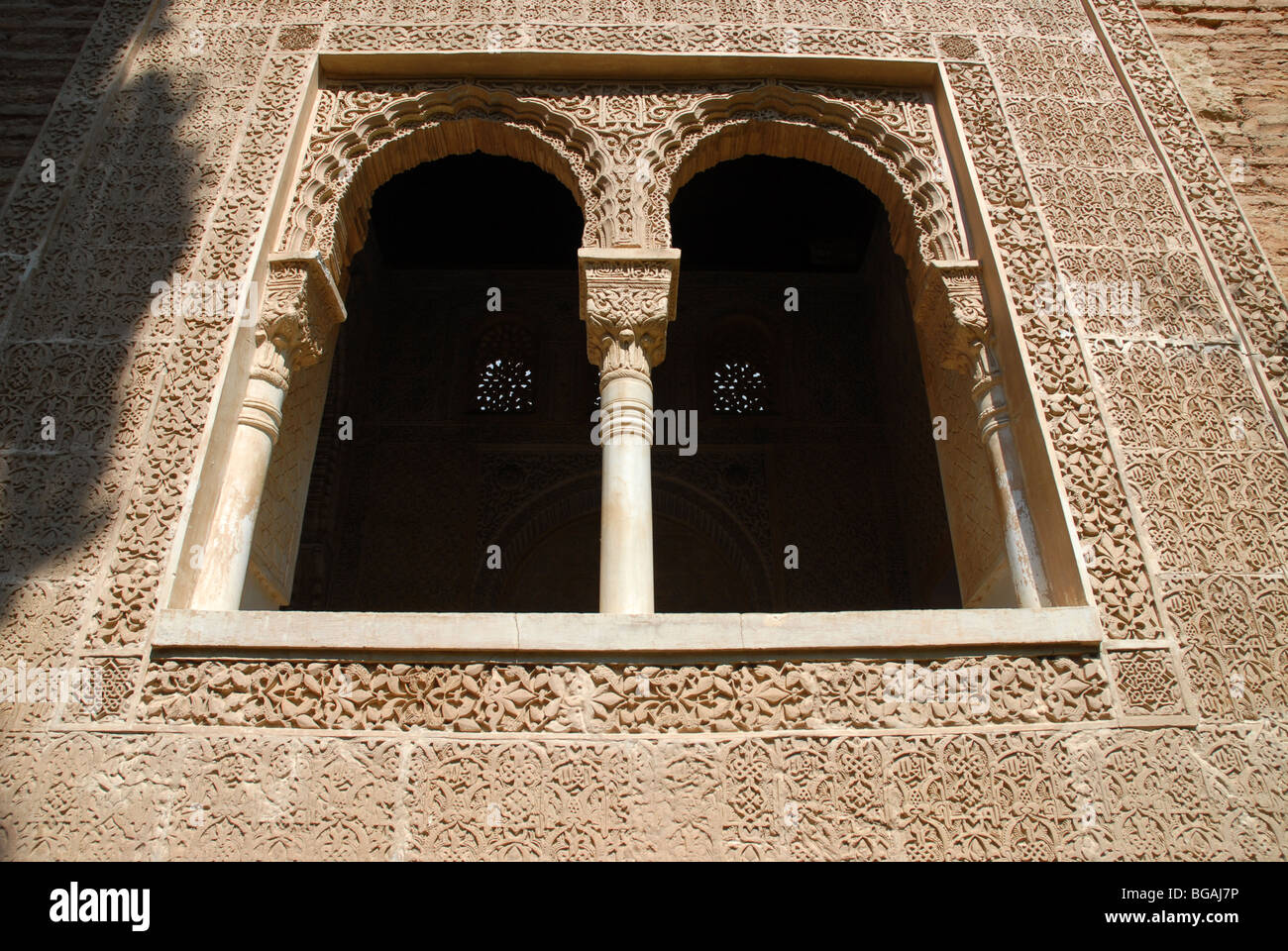 windows in open portico of Torre de las Damas, Tower of The Ladies, Partal, The Alhambra, Granada, Andalusia, Spain Stock Photo