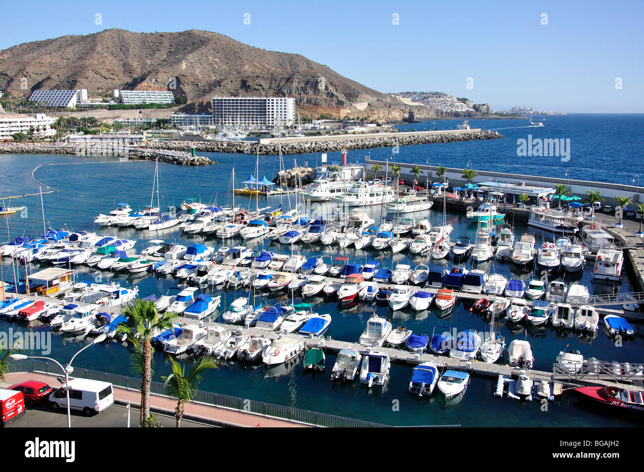 Marina view, Puerto Rico, Mogan Municipality, Gran Canaria, Canary Islands, Spain Stock Photo
