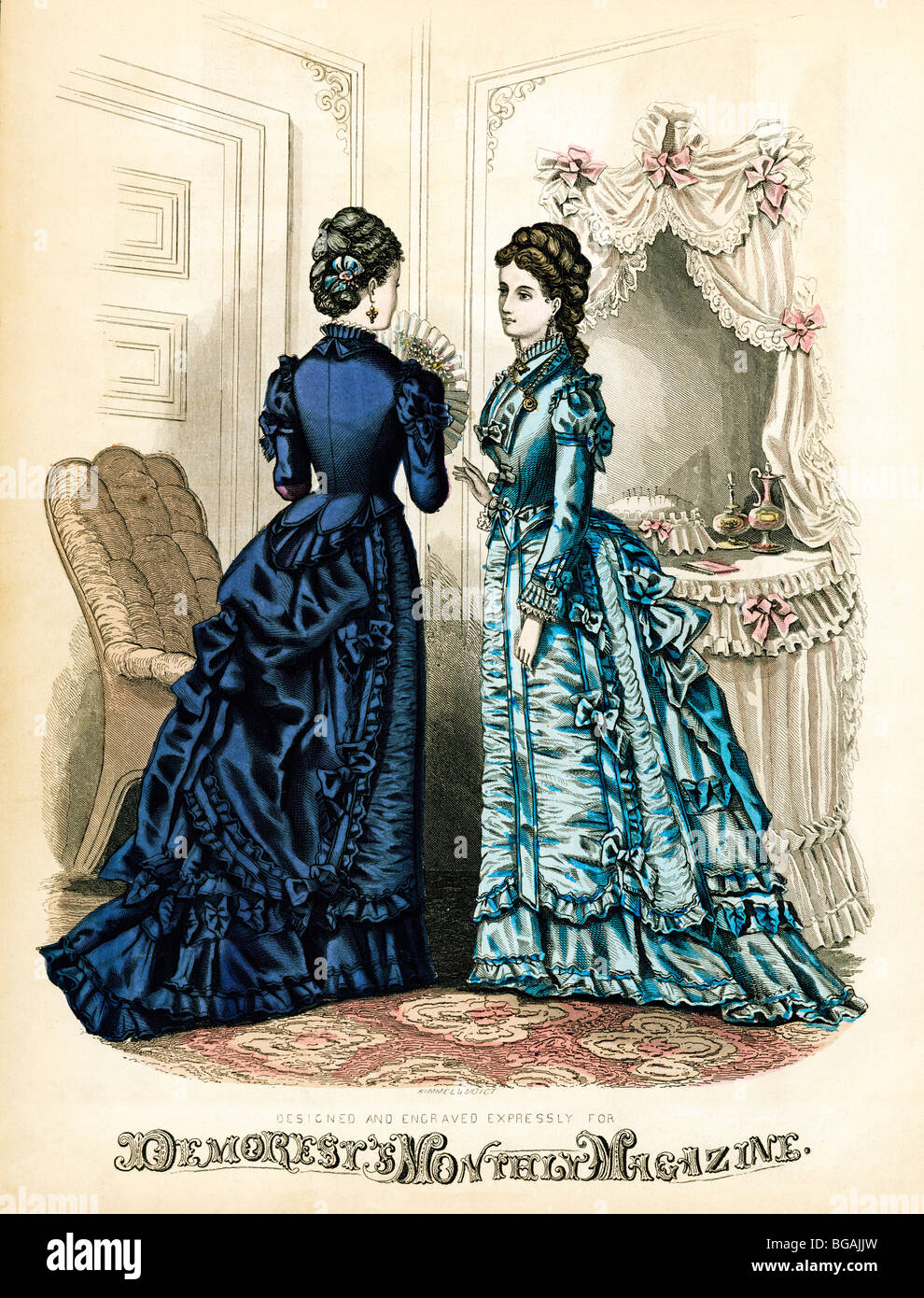 Demorests, January 1875, engraving from the American monthly ladies fashion magazine famous for dressmaking patterns Stock Photo