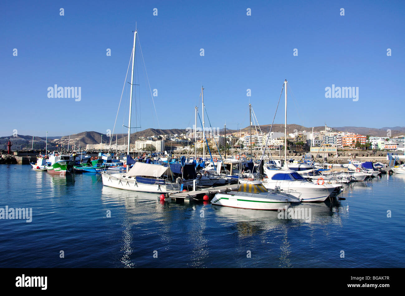 Boats in harbour, Puerto de Arguineguin, Arguineguin, Mogan Municipality, Gran Canaria, Canary Islands, Spain Stock Photo