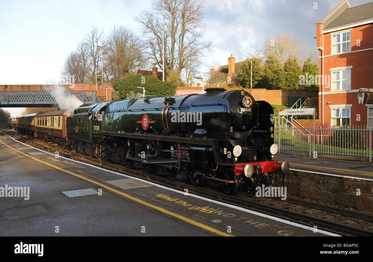 Merchant Navy Class 'Clan Line' with Orient Express Steam Train at Virginia Water UK Stock Photo