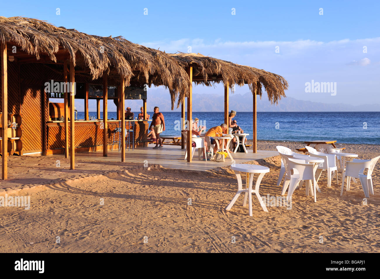 Late afternoon sun on beach bar 'Hilton Nuweiba Coral Resort', Nuweiba, Sinai, Egypt Stock Photo
