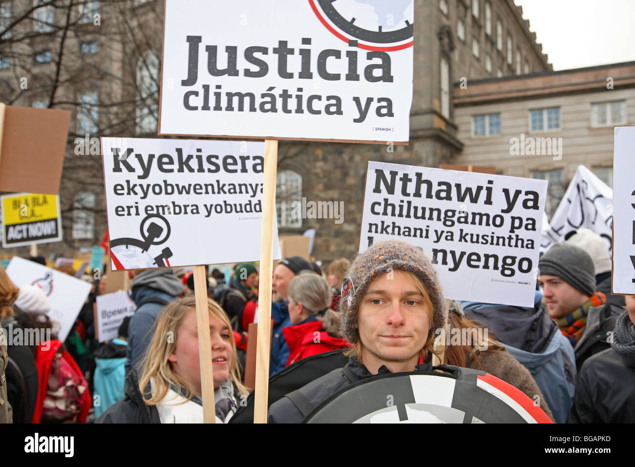 Demonstrators in front of the Parliament building in Copenhagen at the UN Climate Change Conference COP15 in December 2009. Climate march. Stock Photo