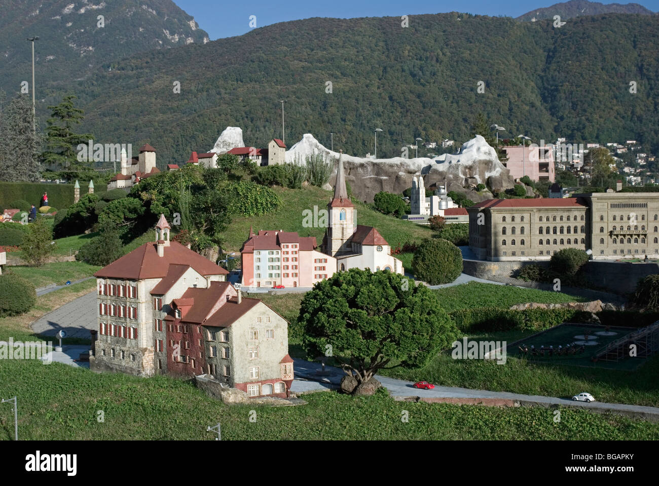 Switzerland, Ticino, Lake Lugano, Melide, Swissminiatur, Miniature Switzerland model theme park, Stock Photo