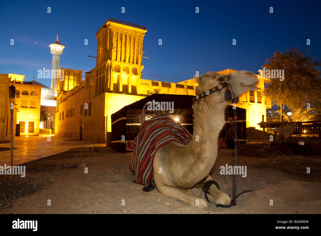 Nightfall at Bastakia Quarter, Dubai, United Arabian Emirates Stock