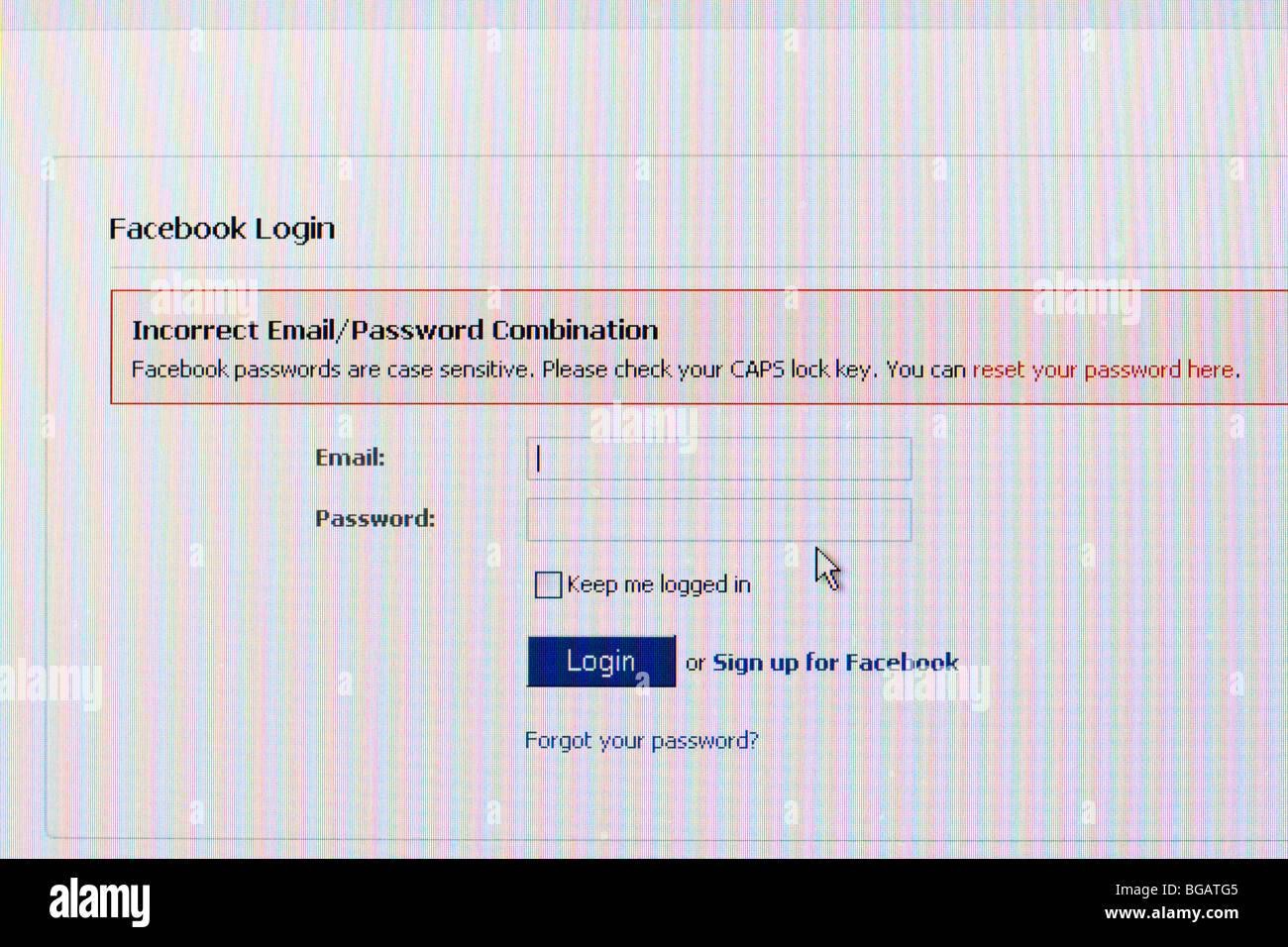 screenshot of incorrect email login screen for facebook social networking website for editorial use only Stock Photo