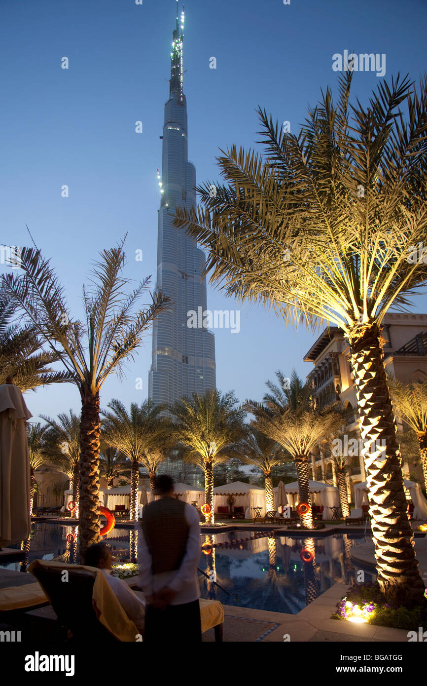 View from the Hotel The Palace The Old Town to Burj Dubai Tower, new name Burj Chalifa, Dubai, United Arabian Emirates Stock Photo