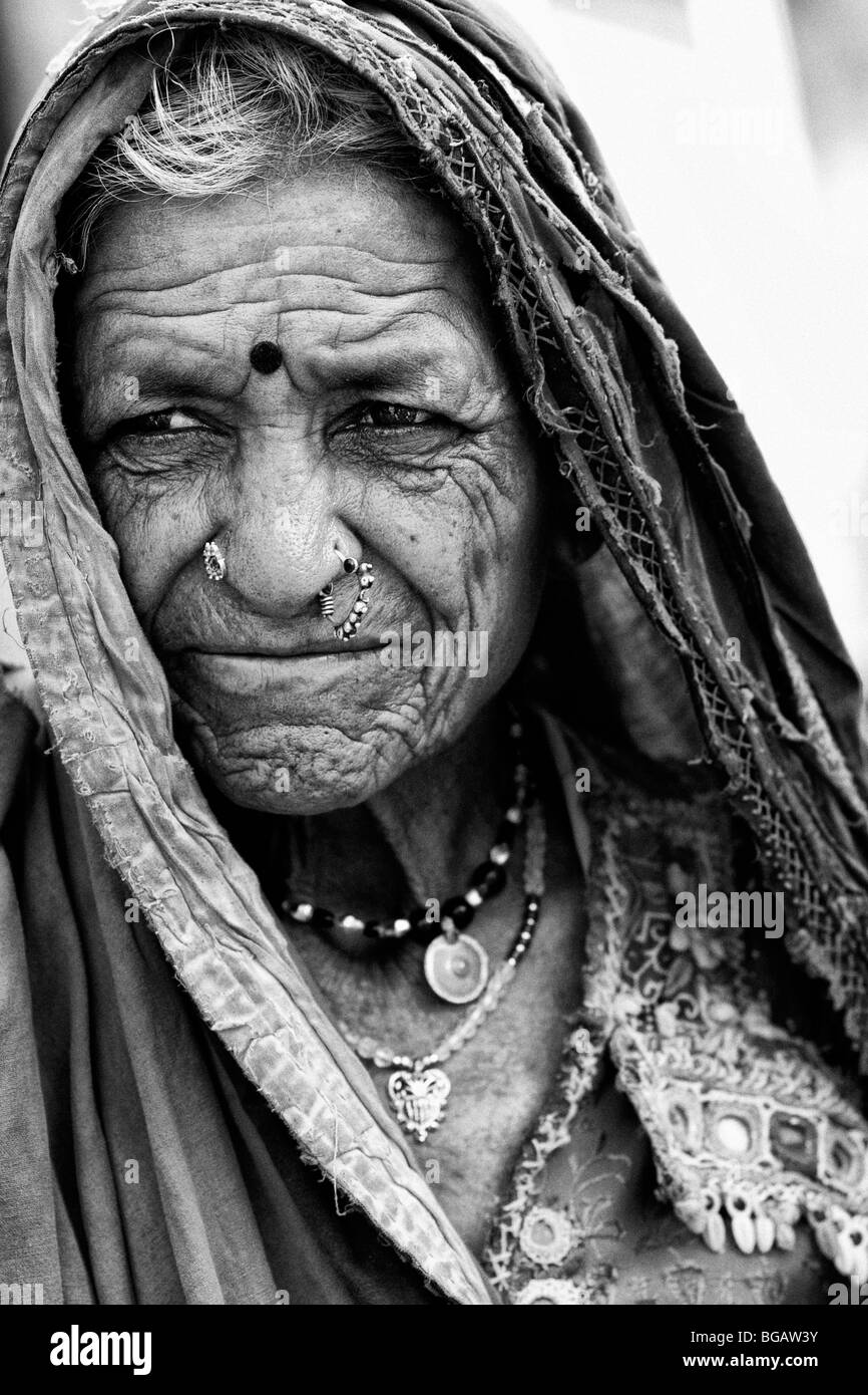 Old Indian tribal women portrait. Andhra Pradesh, India. Monochrome Stock Photo