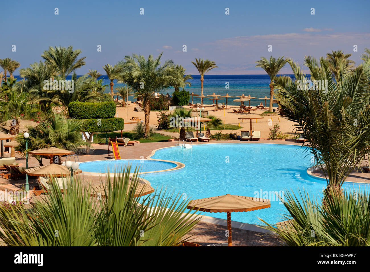 'Nuweiba Village' Resort pool and beach, 'Red Sea', Gulf of Aqaba, Sinai, Egypt Stock Photo