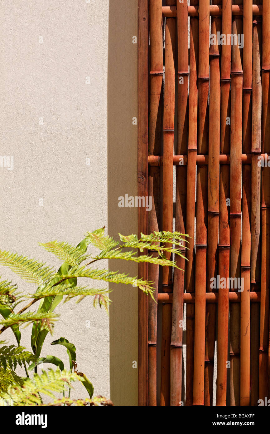 Abstract of bamboo screen hung on patio wall. Color. Copy space Stock