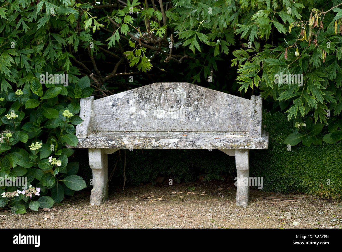A stone bench at Trelissick Garden, Cornwall, England, UK Stock Photo