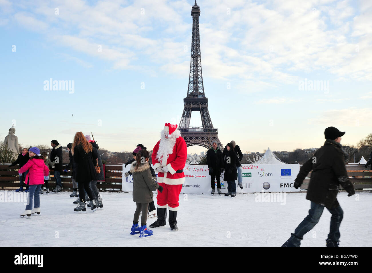 Paris, France, Medium Crowd People, Christmas Winter Scene, Jardin de Trocadero, Ice Skating Rink and Eiffel Tower, Santa Clause, Father Christmas Stock Photo