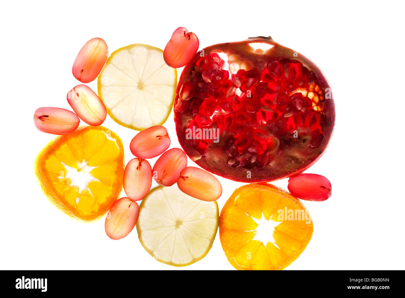 Selection of fruit against a blown out background Stock Photo