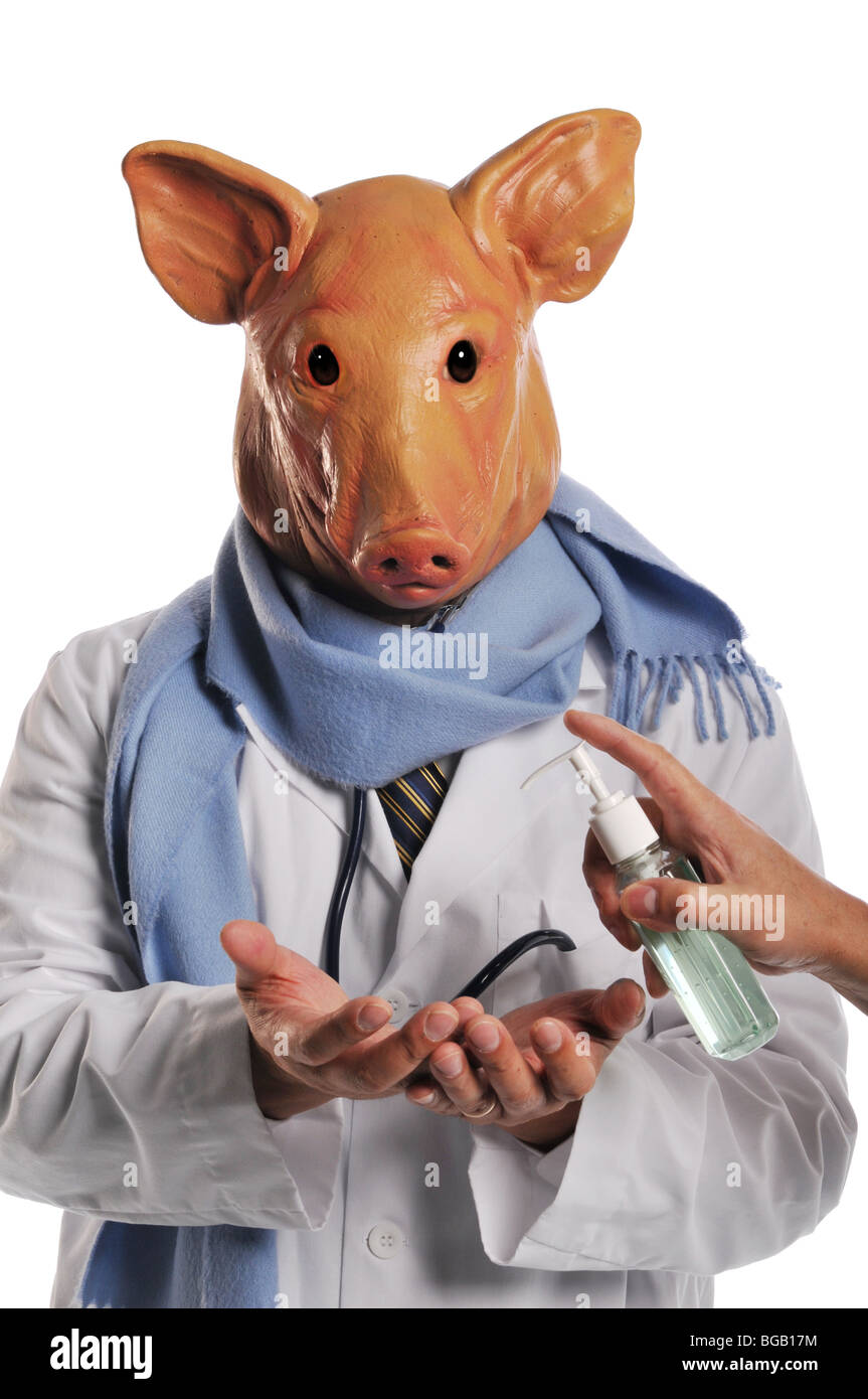 Swine Flu metaphor showing a doctor with pig's head getting hand sanitizer Stock Photo