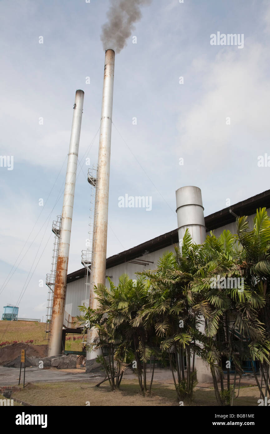 Smoke emerging from a tall stack at the palm oil mill. The Sindora Palm Oil Mill, Malaysia Stock Photo