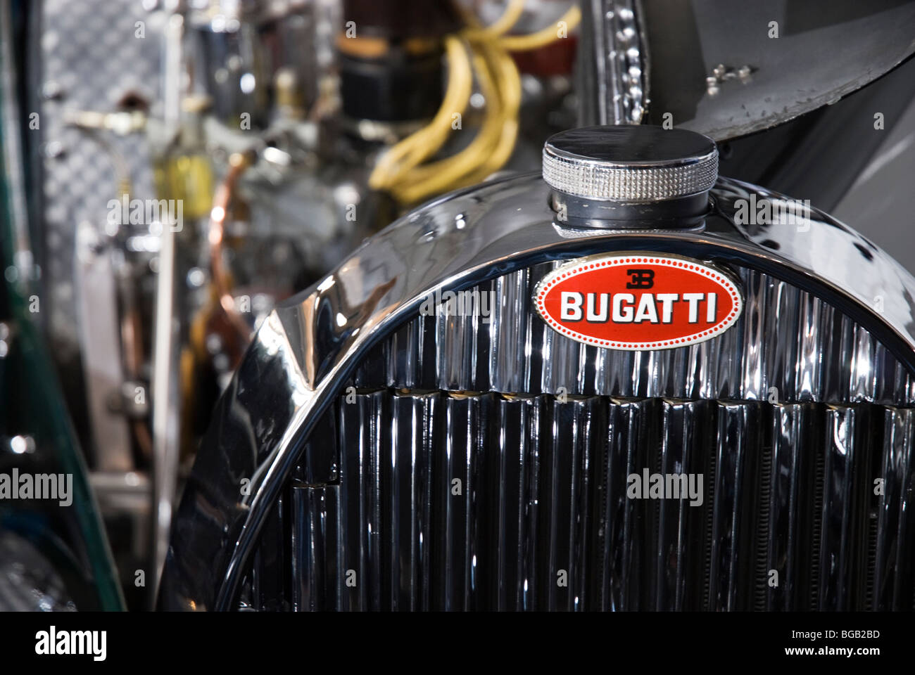 A Bugatti emblem on the radiator of a classic Bugatti Stock Photo