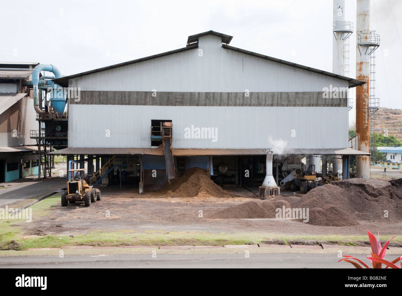 Piles of oil palm kernel shells and fruit bunch fiber in front of the Sindora Palm Oil Mill. Stock Photo
