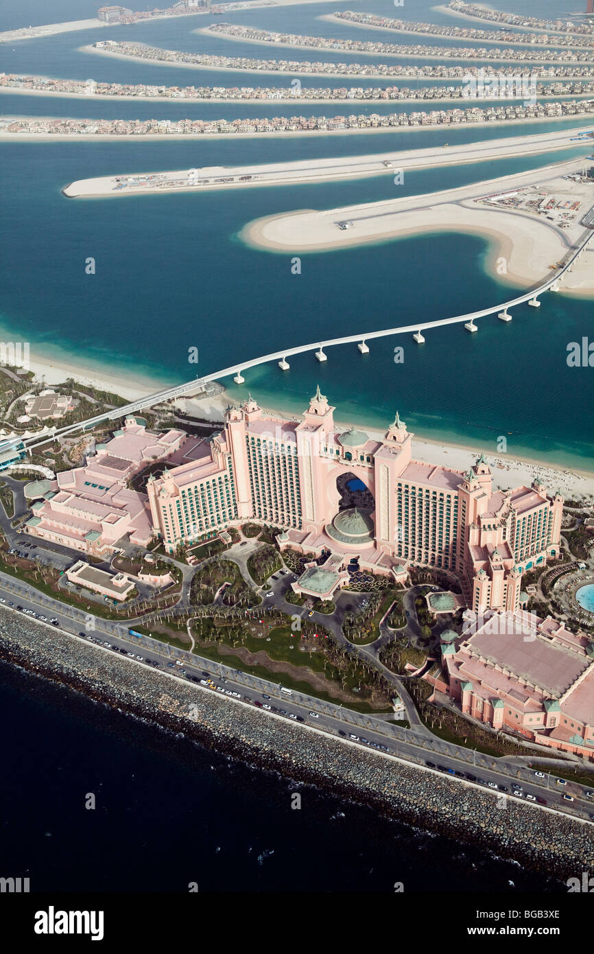 Hotel Atlantis at The Palm from the Air, Dubai, United Arabian Emirates Stock Photo