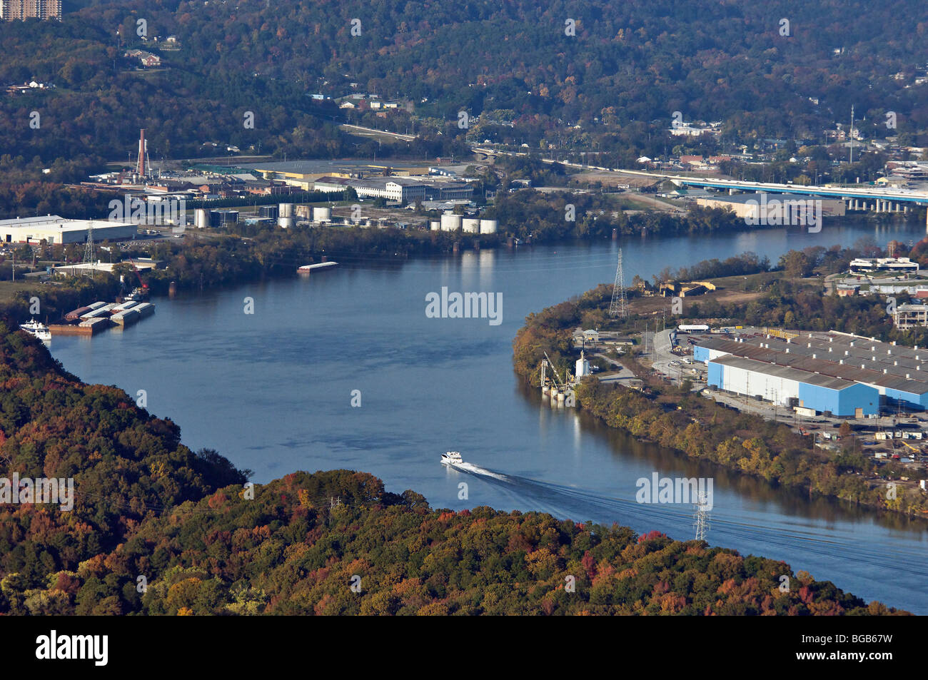 Boat with Wake on the Tennessee River in Chattanooga, Tennessee Stock