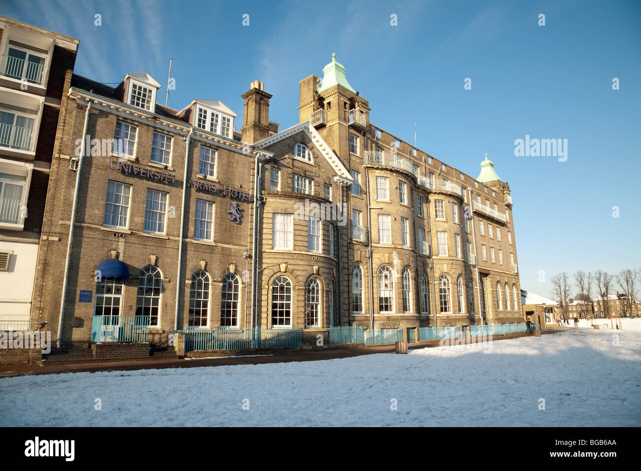 The University Arms Hotel in winter, Parkers Piece, Cambridge, UK Stock Photo
