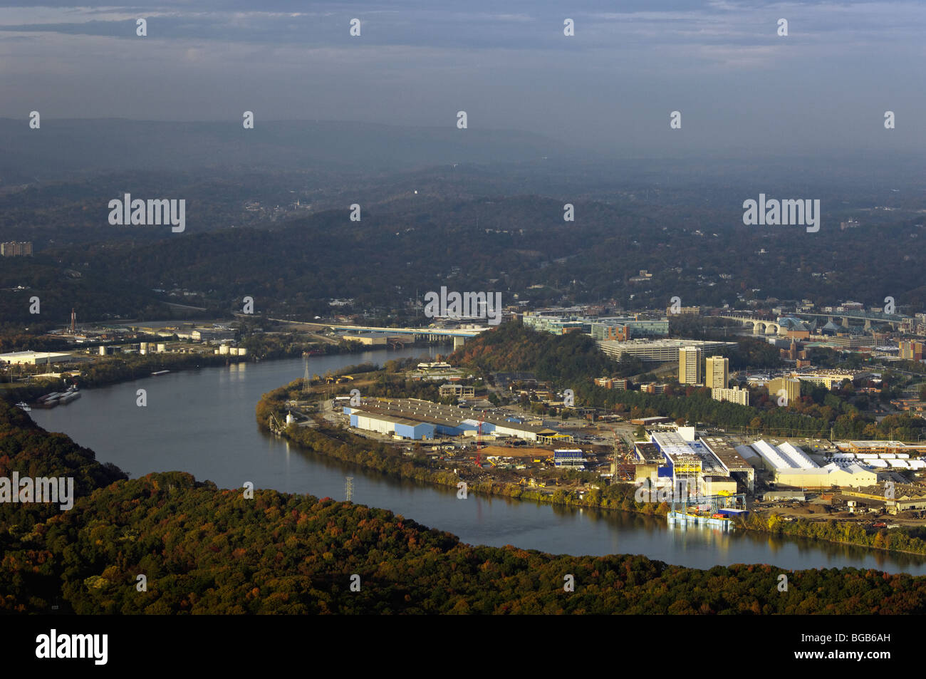 Aerial View of Moccasin Bend in the Tennessee River and the City of Chattanooga Tennessee Stock Photo