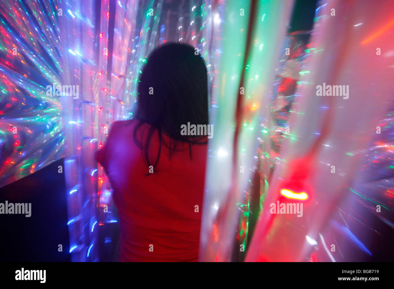 colorful string of lights labyrinth at a county fair in Germany, Europe. Stock Photo