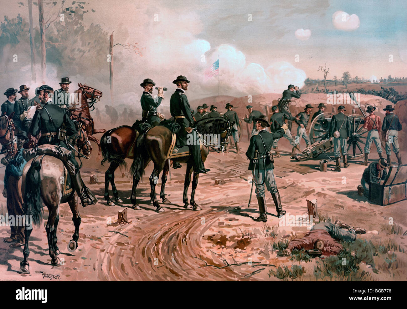 Union soldiers on horseback, other soldiers at cannon at the Battle of Atlanta, 1864 during USA Civil War Stock Photo