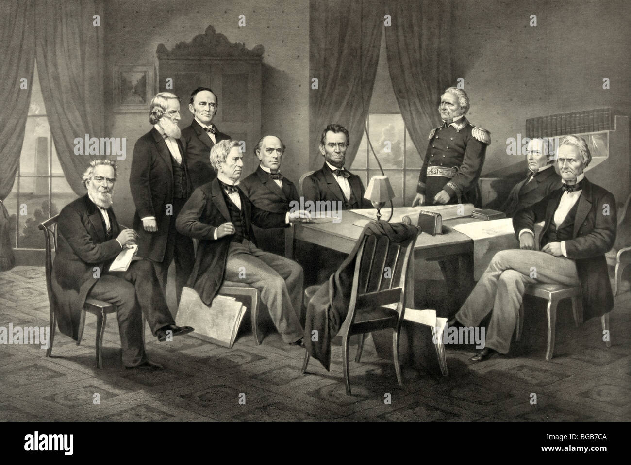 President Lincoln and his cabinet, with Lieutenant General Scott at the start of the USA Civil War Stock Photo