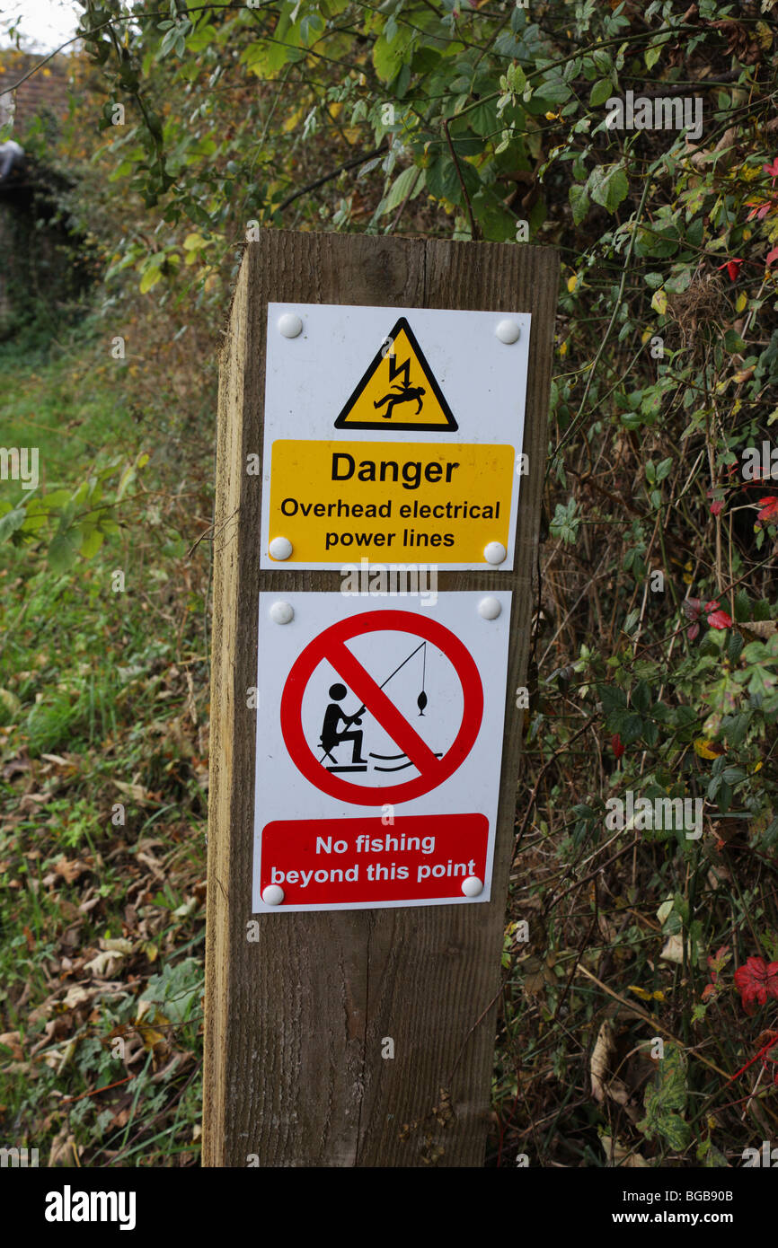 Signs warning anglers that there is no fishing along a stretch of