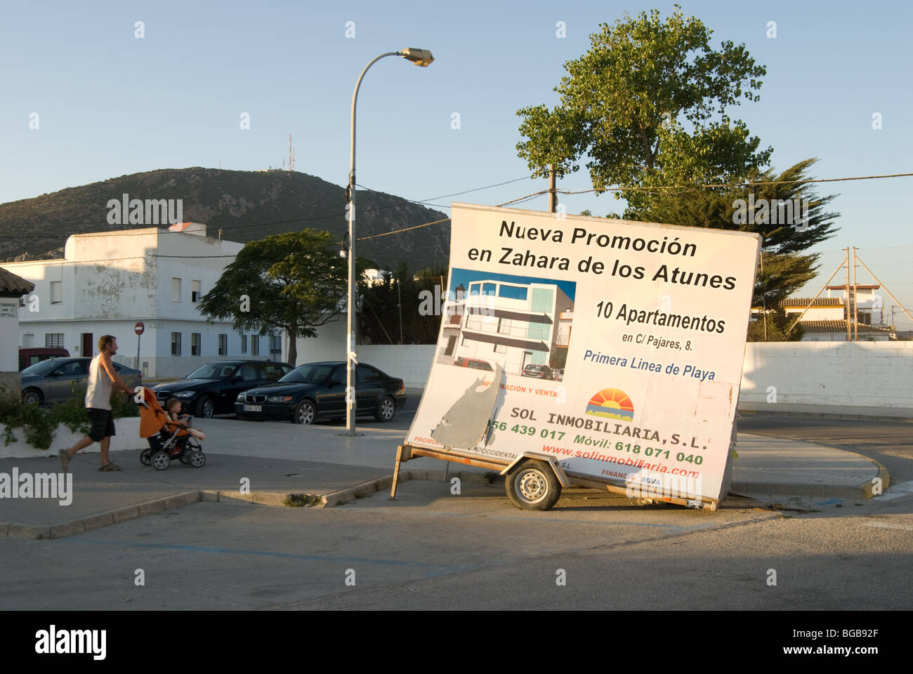 A board with the advertising of new buildings under construction, Zahara de los Atunes, Spain Stock Photo