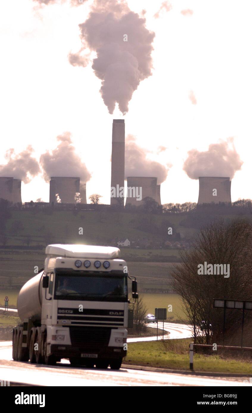 Royalty free photograph of power station in the UK showing carbon emissions coming out of chimneys. Stock Photo