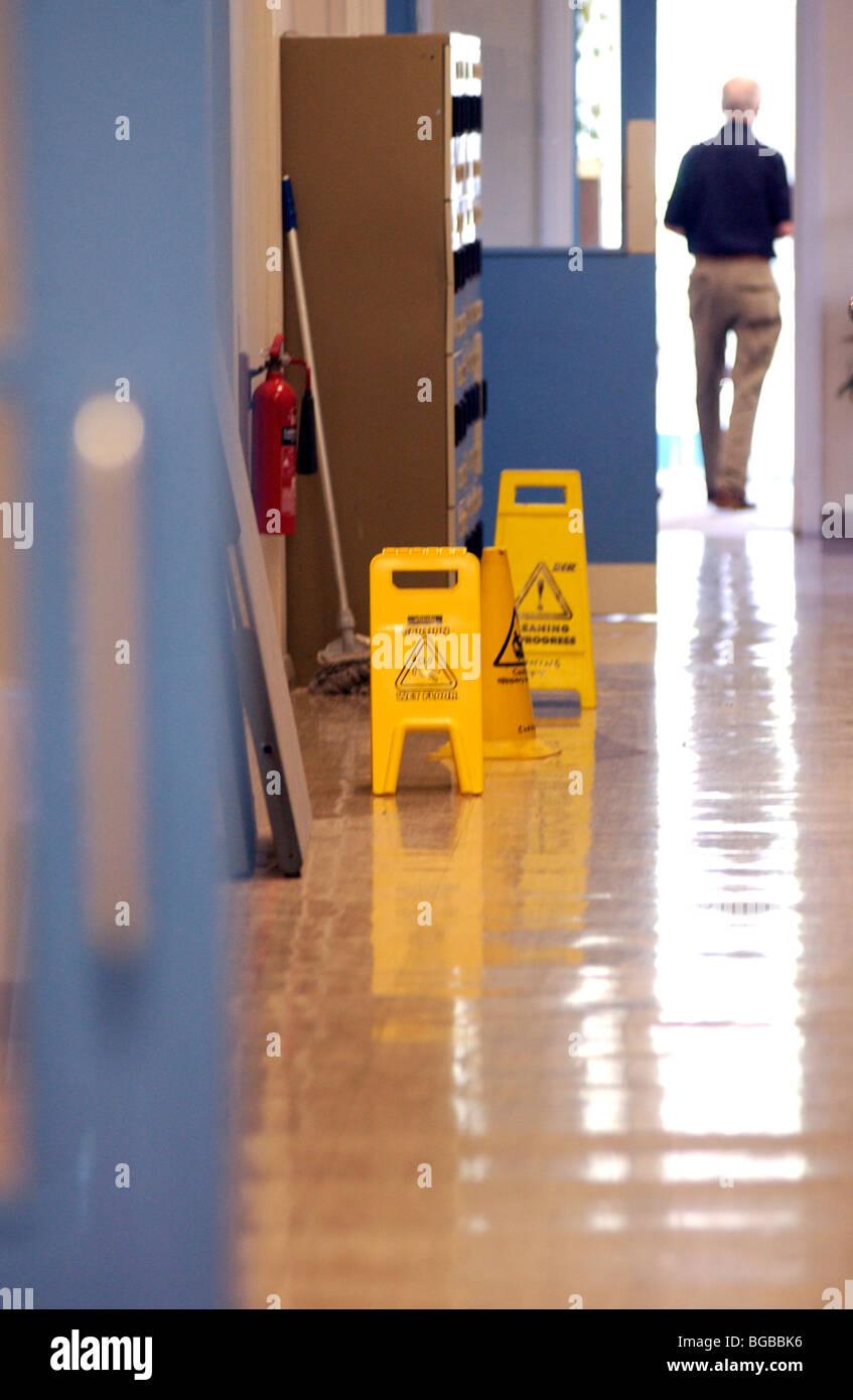 Royalty free photograph of NHS hospital corridor with hazard warning