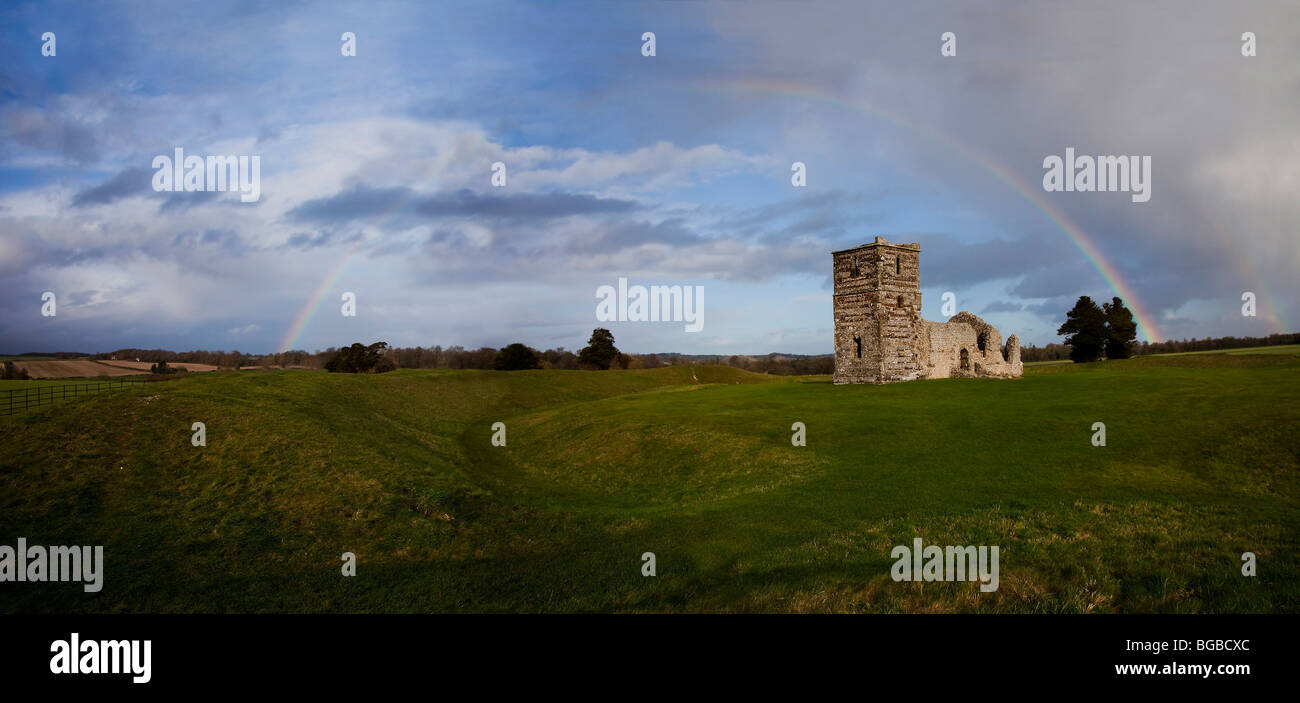 Rainbow Landscape ruins of Knowlton church , historic monument Stock Photo