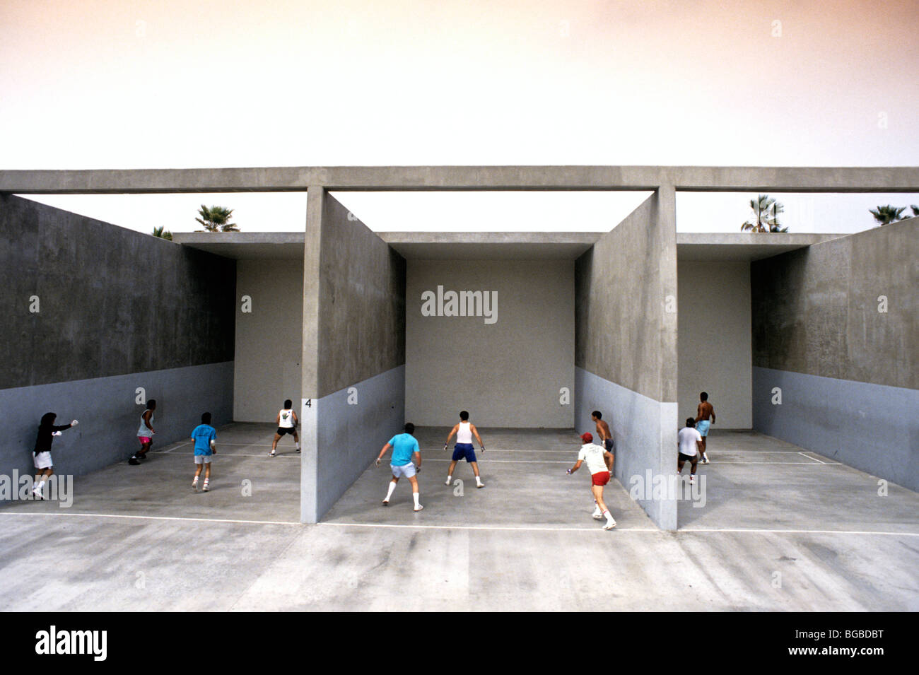 Group of three handball courts with men playing handball Stock Photo