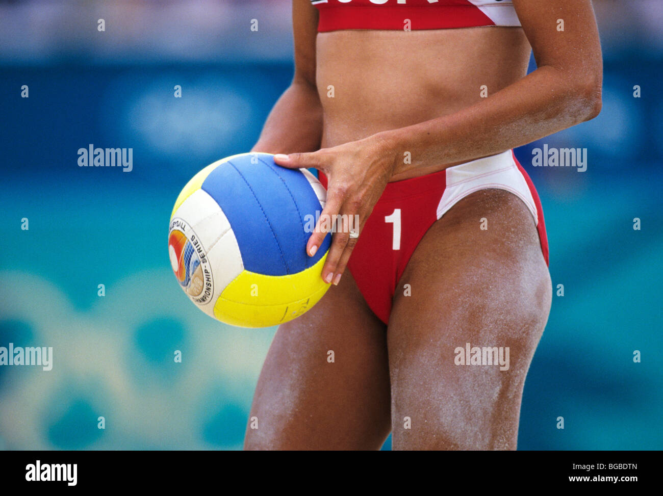 Beach volleyball player ready to serve Stock Photo Alamy