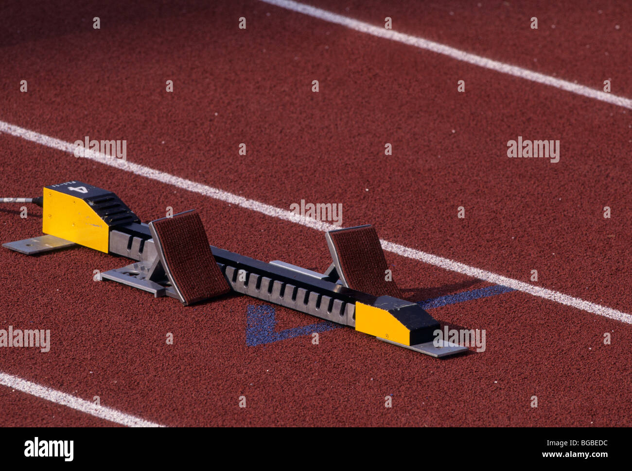 Starting block on an running track Stock Photo Alamy