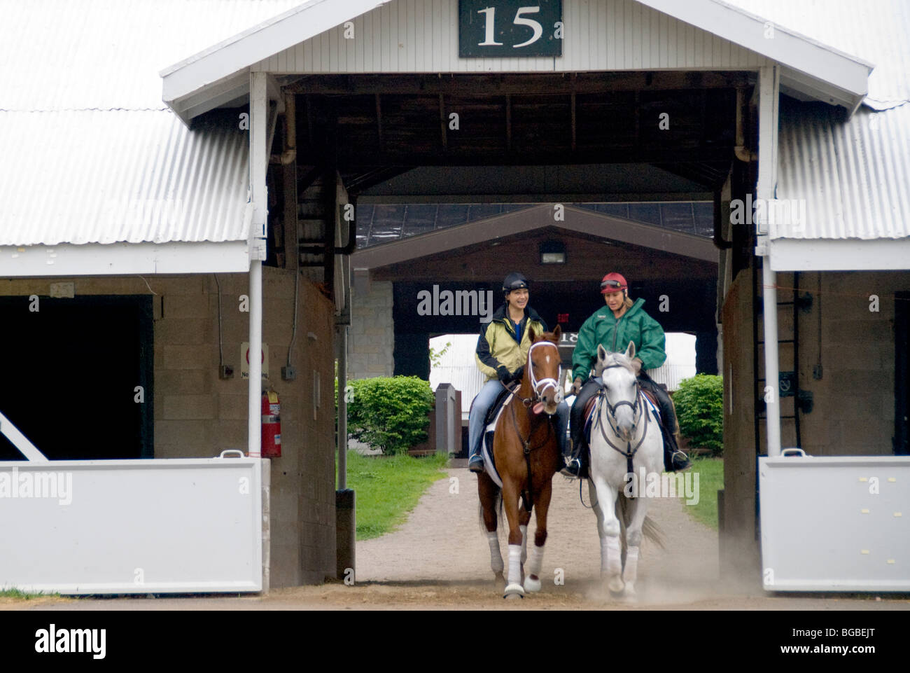Horses and exercise riders at Keeneland Race Track, Lexington, Kentucky ...