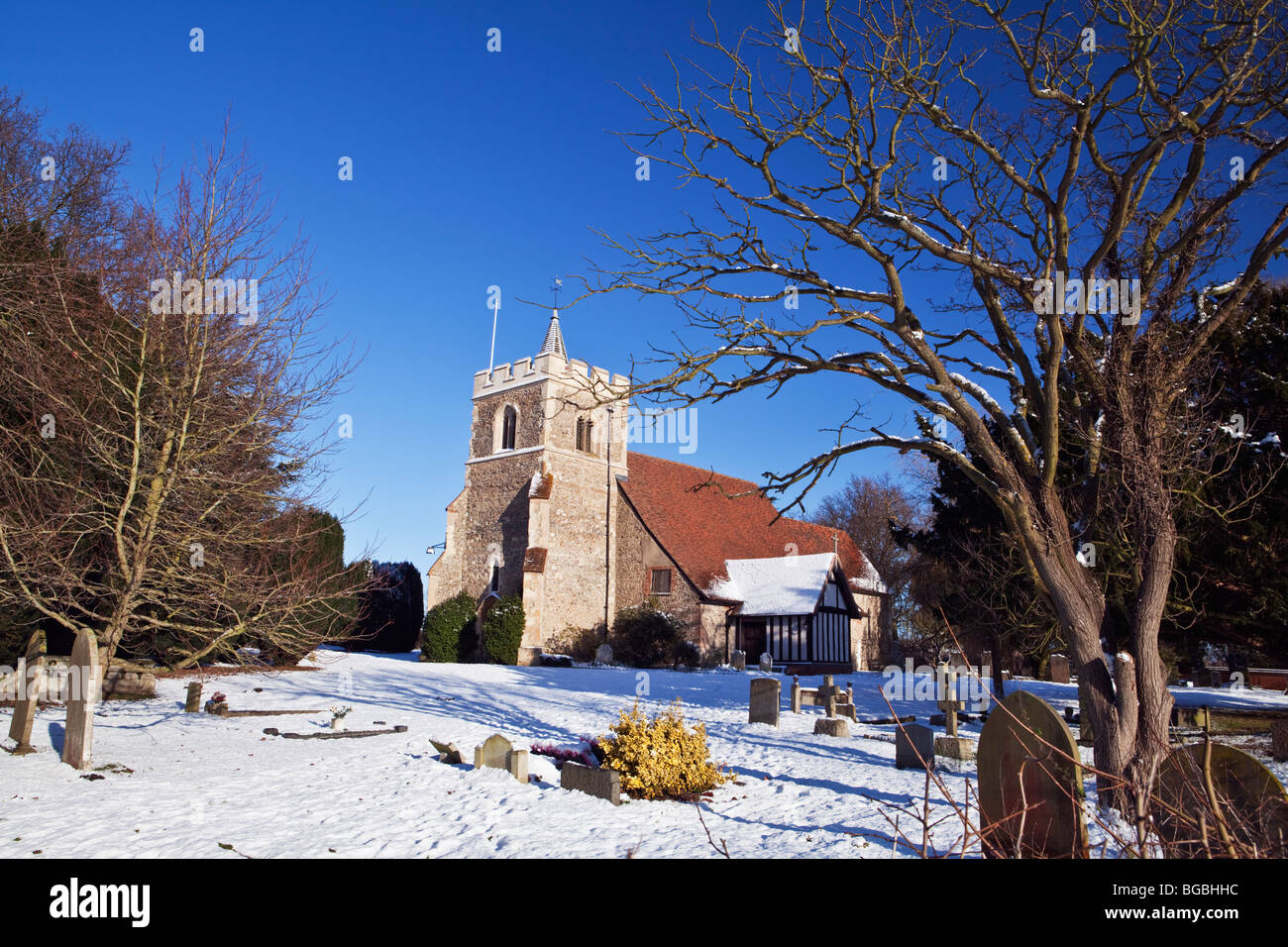 Tewin village church in winter snow Hertfordshire England Stock Photo ...