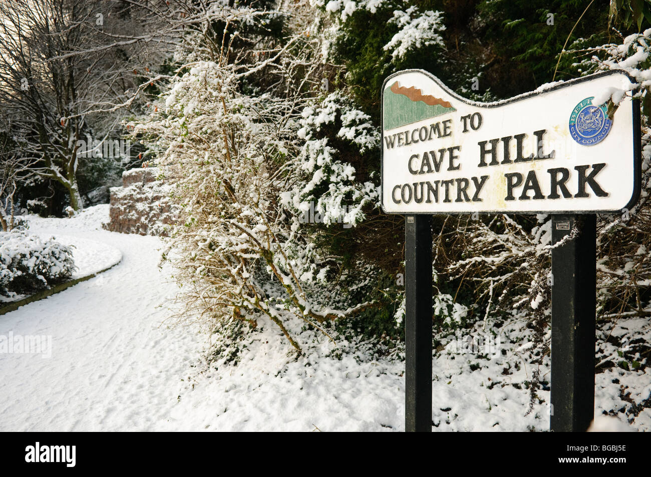 Cave Hill Country Park sign, Belfast, in the snow Stock Photo