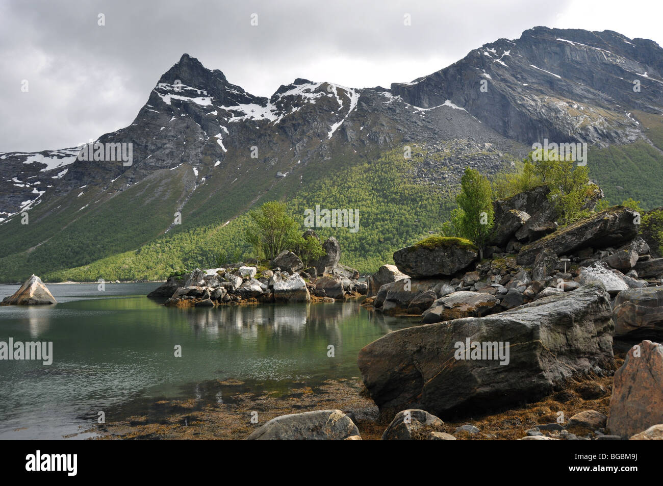 Characteristic  mountain and sea landscape of Norldand (Norway) Stock Photo