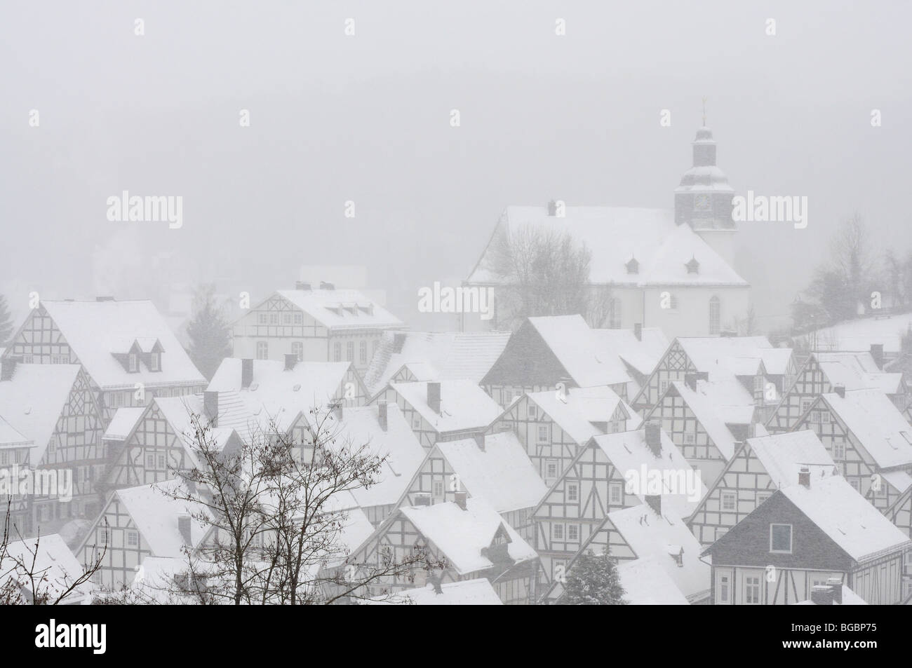 Snow-covered half-timbered houses in German town Freudenberg Stock Photo
