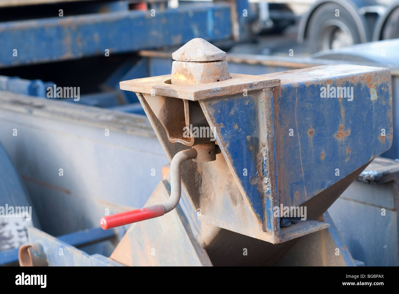 Shipping container Twistlock connection on HGV in open position Stock Photo
