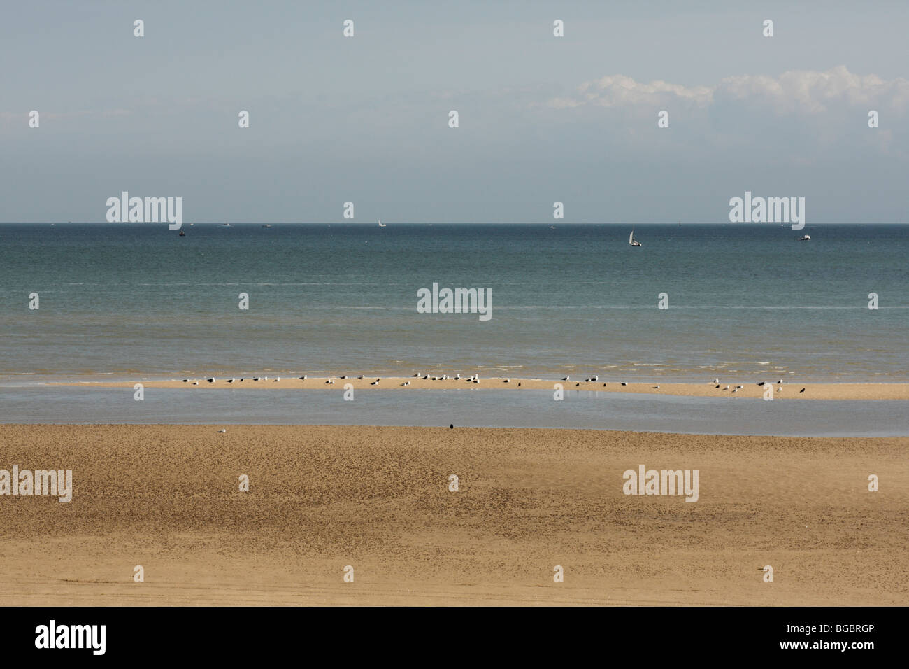 Sandy Beach and Blue Ocean in Summer Stock Photo